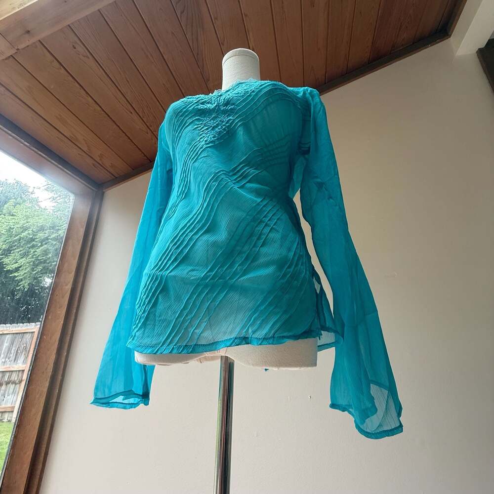 Vintage Y2K Turquoise Sheer Embroidered Bell Sleeve Tunic Top - Picture 8 of 12